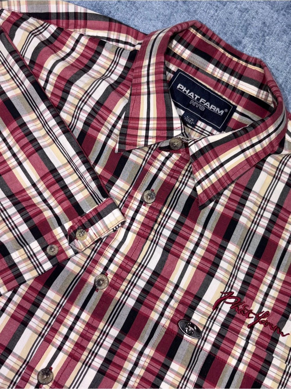 Phat Farm Shirt Mens Large Red Madras Plaid Button Down Short Metal Logo Vintage